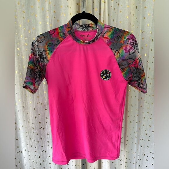 Maui And Sons Women's 50+ UPF Floral Graphic Rash Guard Surf Shirt Tee Beach M - Picture 2 of 6